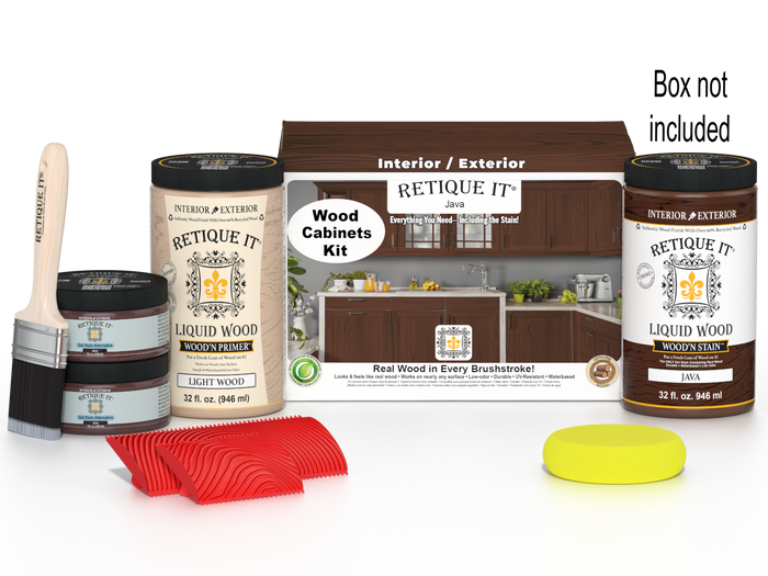 Retique It Wood'n Cabinet Kit in Java stain with 12 grained cabinet doors, shown with box packaging for wood cabinet renovation.
