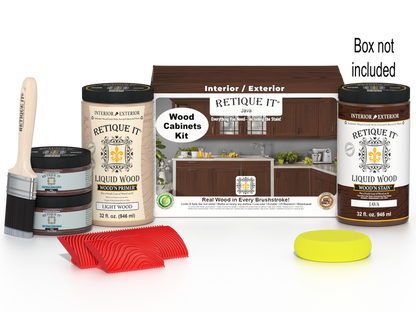 Retique It Wood'n Cabinet Kit in Java stain with 12 grained cabinet doors, shown with box packaging for wood cabinet renovation.
