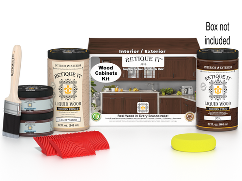 Retique It Wood'n Cabinet Kit in Java stain with 12 grained cabinet doors, shown with box packaging for wood cabinet renovation.