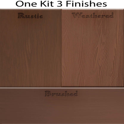 Swatches of Retique It Wood'n Cabinet Kit Java stain showing 12 door grain finishes on sample wood surfaces.