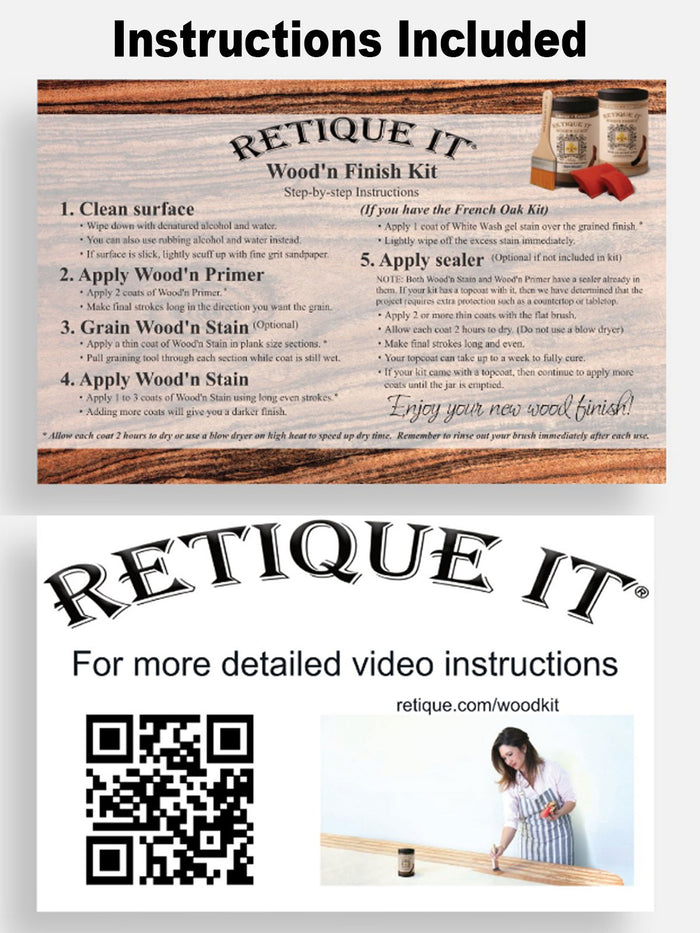 Retique It Wood'n Cabinet Kit Java stain with 12 grained cabinet doors, shown with installation instructions for DIY cabinetry.