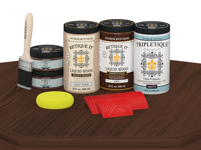 Retique It Wood'n Cabinet Kit Java stain with 12 grained cabinet doors, matte finish, displayed on a table.
