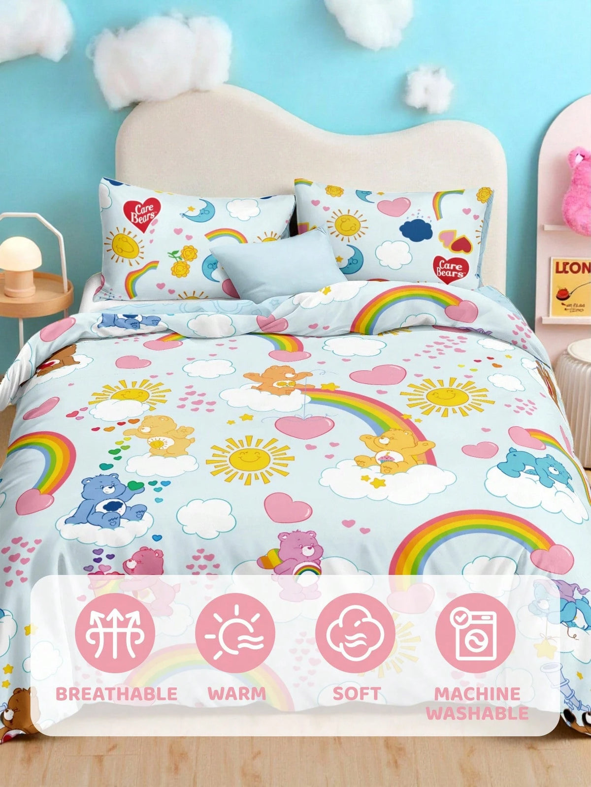 X Care Bears 3Pc Blue Rainbow Cloud Cute Printed Quilt Set, Sanded Material, Soft And Warm, Multiple Sizes, Suitable For Single Bed/Double Bed/Queen Bed/King Bed, Machine Washable