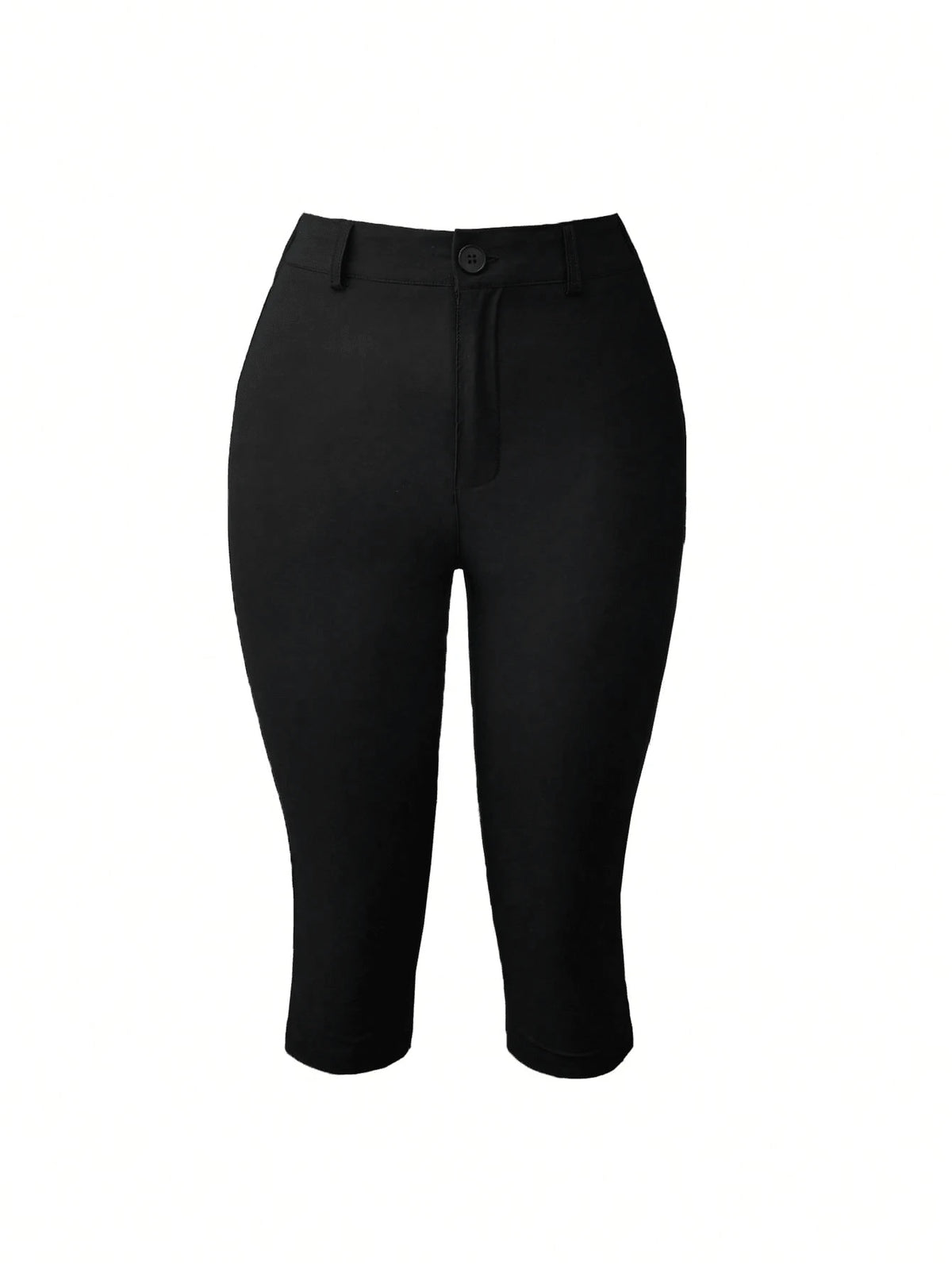 Yuwenier Elegant Slim High Waist Solid Color Split Hem Elastic 7/8 Pants, Button & Zipper Design Black, Office Siren