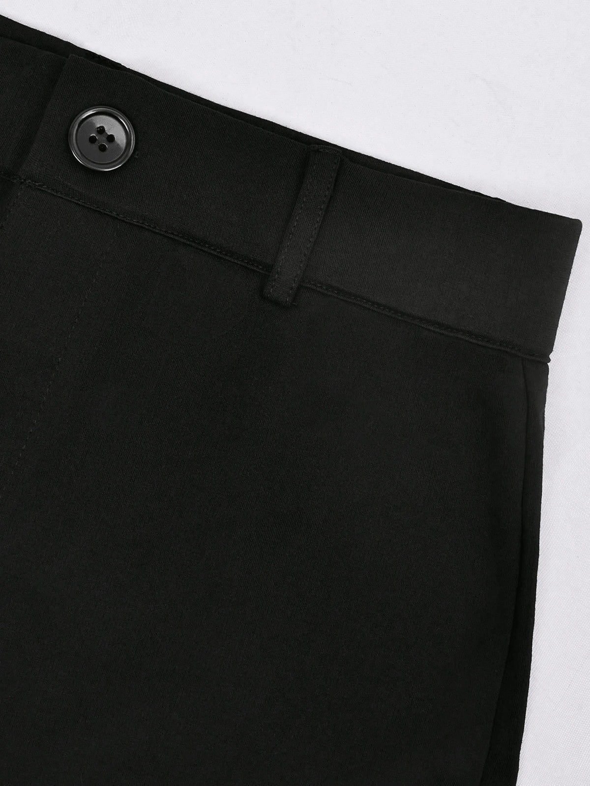 Yuwenier Elegant Slim High Waist Solid Color Split Hem Elastic 7/8 Pants, Button & Zipper Design Black, Office Siren